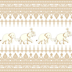 Seamless vector pattern with classical luxury golden elephants and exquisite floral damask ornament for fabric designs, wallpapers and other designs.