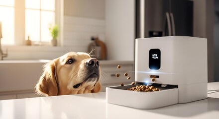 Golden Retriever Dog Looking Up at Automatic Pet Feeder Dispensing Food animal automatic feeder