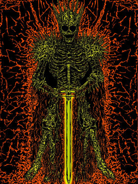 A menacing skeletal king in a crown holds a glowing sword against a fiery, cracked background.