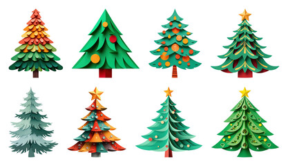 Fototapeta premium PNG Colorful festive paper trees, element set on transparent background