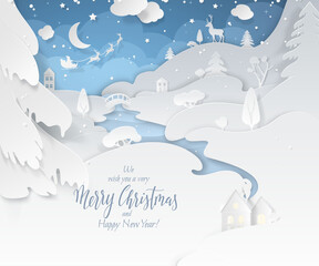 Festive winter scene paper cutout with snowdrifts beside a river, cosy homes, spruces, bushes and a deer. Vector blue background with Santa's sleigh flying around the moon and the text Merry Christmas