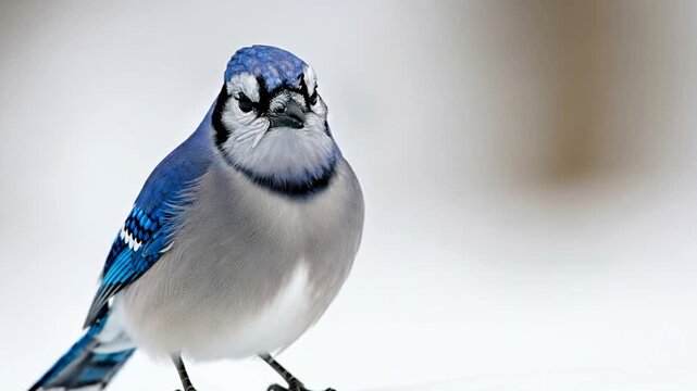 Proud blue jay displays vibrant blue feathers against snowy landscape