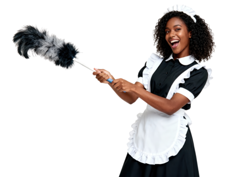 Joyful Maid Dusting with Feather Duster on White Background