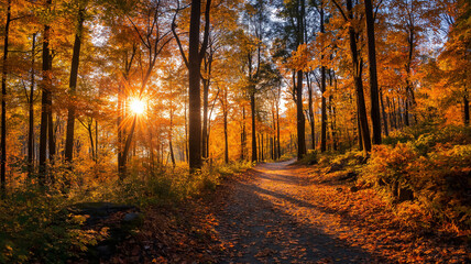 Obraz premium Sunlit path in a park before sunset
