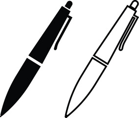 Black pen, pencil, writing instrument, and stationery icon set, minimalist office tool collection and education symbol group in flat and line style, isolated vector for design and print