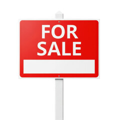 Bright red rectangular real estate for sale sign with white text and blank space for customization isolated on transparent background