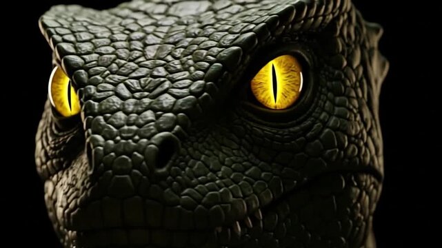 Intense reptilian stare, piercing yellow eyes, dark background, creature close-up