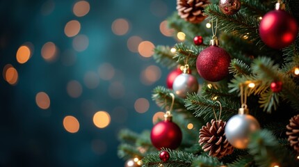 Festive christmas tree decorated with ornaments and pinecones with bokeh lights