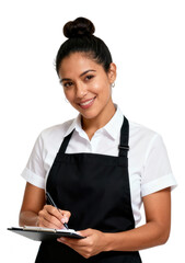Smiling Waitress Taking Order on Clipboard Isolated