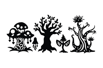 Enchanting Silhouette Forest: A collection of captivating silhouettes of fantastical trees and mushroom forms, offering a glimpse into a whimsical landscape of nature and imagination.
