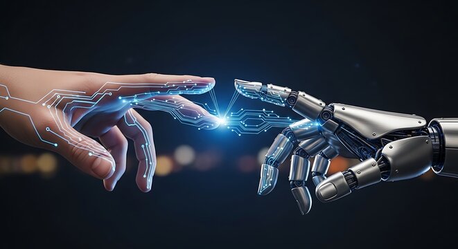 Human Hand and Robot Hand Touching with Digital Circuitry and Blue Light Keywords: human hand, robot hand, touching, connection, technology