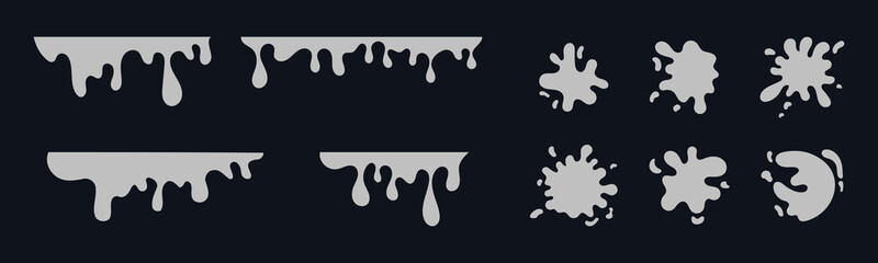 Dripping paint circle icons set. Black liquid stains, ink blots, melting drops silhouette. Grunge drip effect for graffiti decal design. Isolated vector.