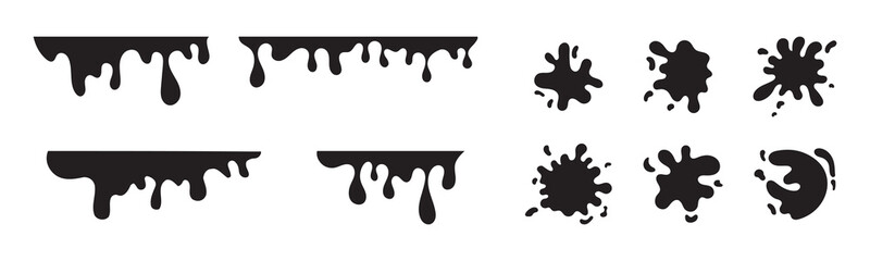 Black paint blots icon. Paint splash monochrome flat symbol. Dripping paint icon set. Current liquid. Paint flows. Melted circle logo. Current paint, stains. Current inks. Vector illustration design.
