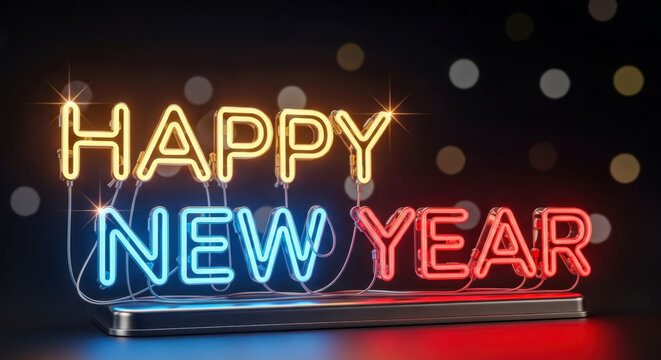 Happy New Year 2026 Neon Sign with Colorful Lights