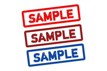 Colorful Sample Stamp Labels Set – Red, Maroon, and Blue Sample Text Rubber Stamp Design for Documents and Branding