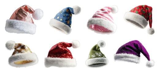 PNG Colorful festive Santa hats collection, element set on transparent background