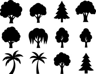 Collection of diverse tree silhouettes including deciduous evergreen and palm trees