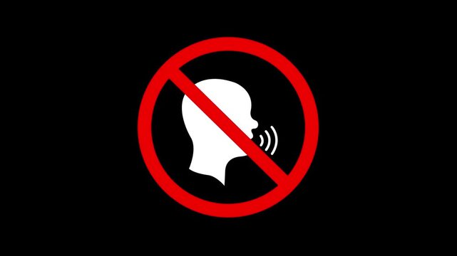 No Talking Allowed Signs. No Talking Sign - Silhouette of a Person with Sound Waves in a Red Circle with a Diagonal Line. A prohibition sign displays a silhouette of a person with a no-talking symbol.