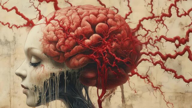Bold artistic representation of a female head with an intricate brain and red veins on a textured background