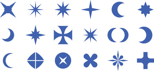 Blue geometric star and moon abstract symbol set, modern minimal vector shape collection, creative design, icon, graphic, background