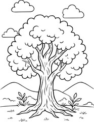Simple outline drawing of a large deciduous tree with a thick trunk and spreading branches against a background of hills and clouds