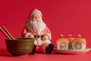 Festive Santa Claus Figurine with Sushi and Bowl for Christmas Celebration