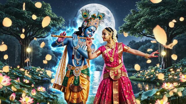 Radha and Krishna divine love story, Hindu mythology, romantic scene under full moon, Indian culture, devotional video footage.