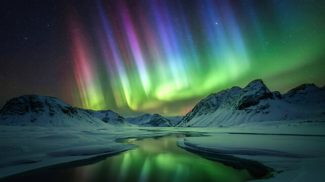 Northern Lights over Snowy Mountains and Frozen River &ndash; Aurora Borealis Night Landscape