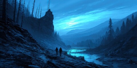 A couple strolls through a quiet valley at twilight, with blue hues lighting up the sky and mountains in the background