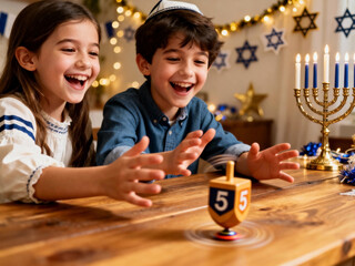 Two children celebrate Hanukkah, a young Caucasian girl with long brown hair and a young Caucasian boy with curly brown hair play with a dreidel on a wooden table.