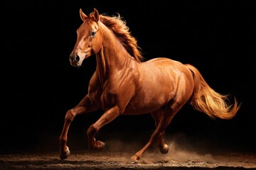 A chestnut horse runs with power and elegance in a dimly lit arena. Its mane flows beautifully, capturing the dynamic movement and spirit of the animal as it kicks up dust