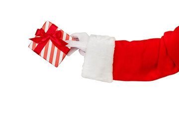 Christmas Santa Claus hand holding or gives red gift box with red bow isolated on white background...