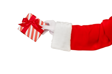 Christmas Santa Claus hand holding or gives red gift box with red bow isolated on white background with clipping path. Design element.