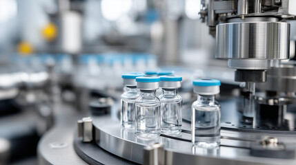Pharmaceutical lab producing vaccines, transparent vials, precision machinery, clean environment