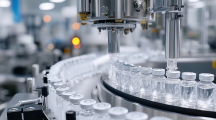 Sterile vaccine facility, robotic arms filling vials, glowing lab lights, meticulous safety checks