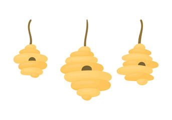Set of bee hives on a branch on a white background. Beekeeping.