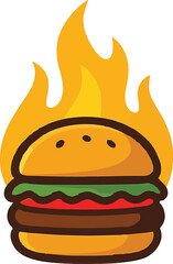 Flat vector of a tasty burger with fire background. Perfect for food branding, fast-food menu, spicy restaurant logo, and culinary design concepts.