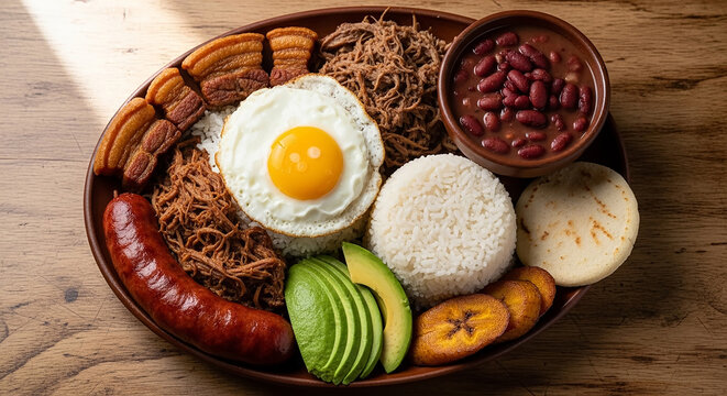 Bandeja paisa traditional colombian food serving on wooden table