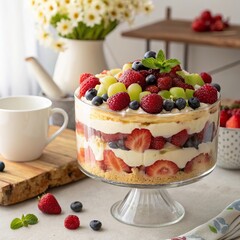 A fruit trifle dessert layered with cream and berries in a glass bowl