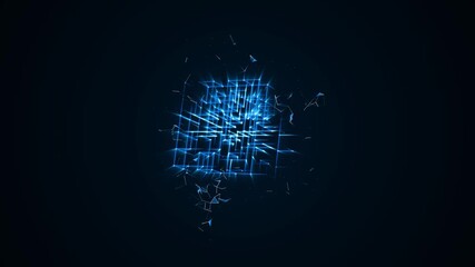 Neon 3D animation of squares, diamonds, and dots. Maze icon. Puzzle design. Randomly rotating cube with blue glow, flame rays. Cosmic body. Technology, medicine, business, sound wave. 4K - Powered by Adobe