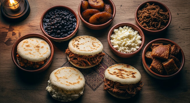 Venezuelan arepas and side dishes on rustic wooden table