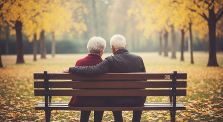Elderly couple sitting on park bench embracing autumn love