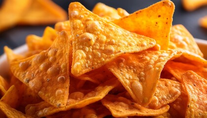 close up of crispy corn and tortilla chips vibrant orange snack food photography