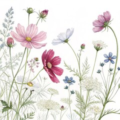 Delicate pink and purple cosmos flowers with green foliage, isolated on white background