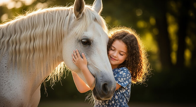 Young girl embracing white horse during golden hour - Powered by Adobe