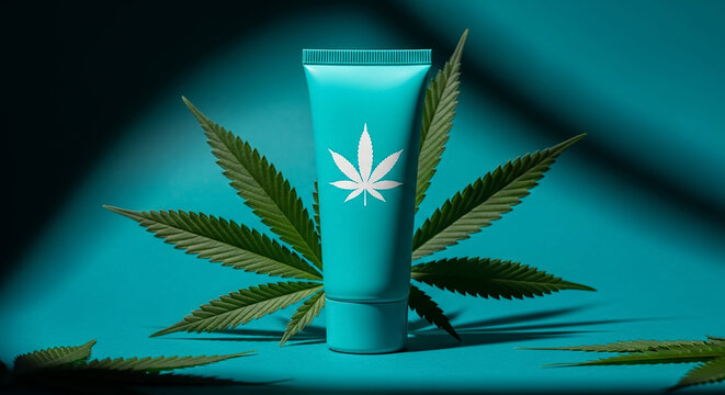 Cbd cannabis cream product with green hemp leaf