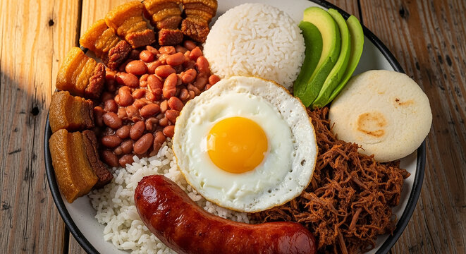 Bandeja paisa traditional colombian meal on wooden table