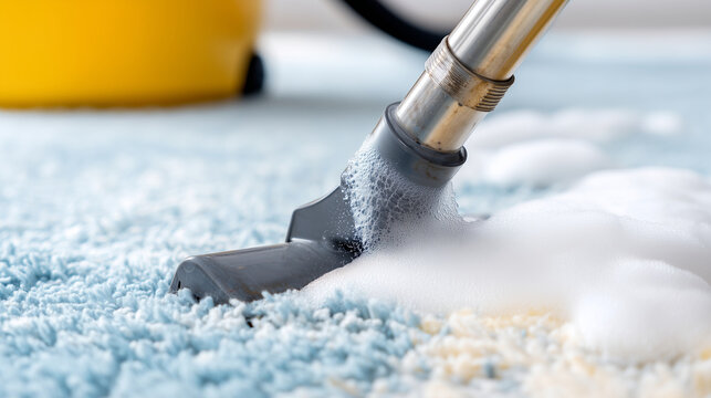 Close-up of carpet cleaner scrubbing deep fibers, foam lifting dirt, bright colors emerging