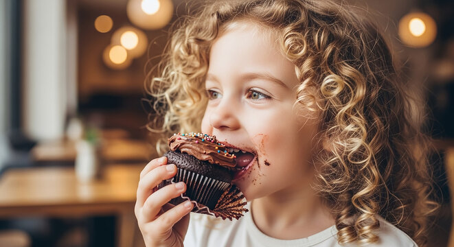 Young girl enjoying chocolate cupcake with sprinkles