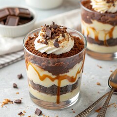 Rich chocolate trifle dessert with layers of cake, cream, and caramel sauce